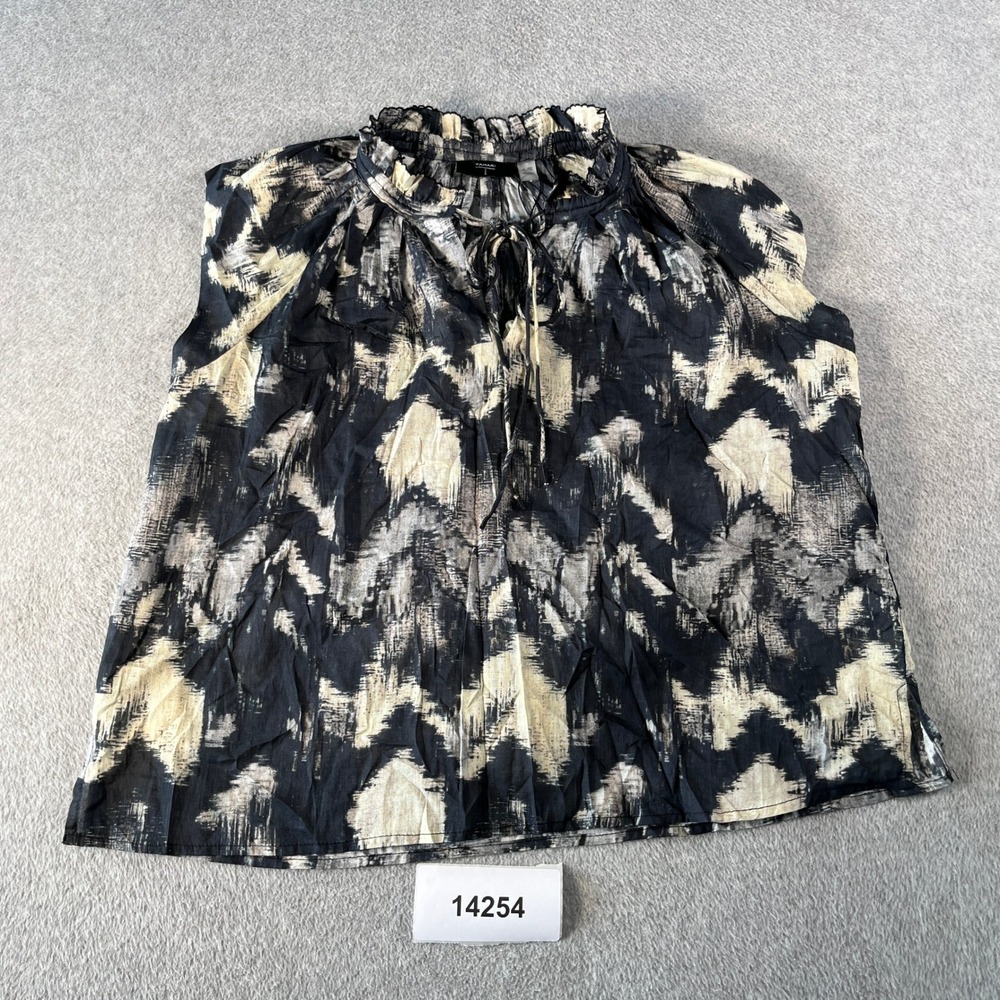 NWT Tahari Blouse Top Womens XL Black Cream Abstract Ikat Cotton Ruffled